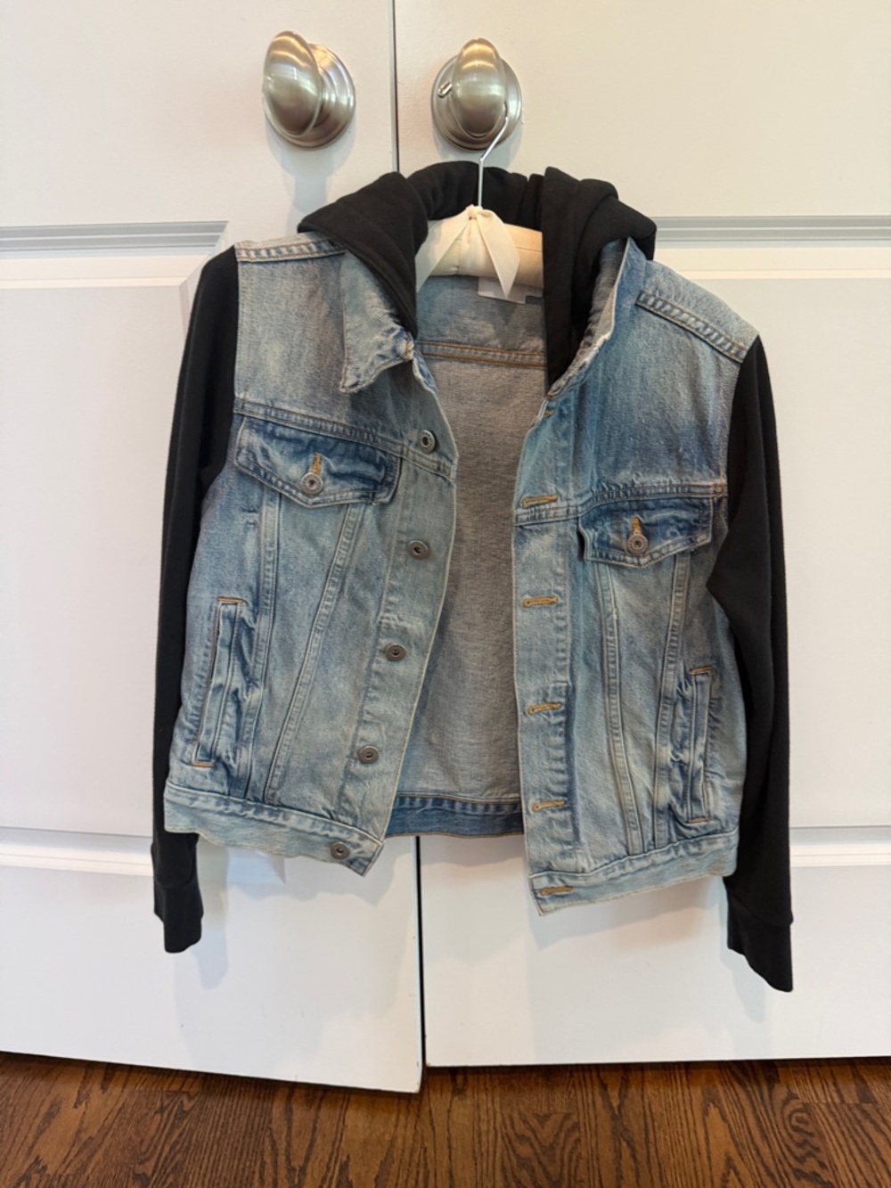Light Blue Denim Jacket with Black Hoodie Sleeves